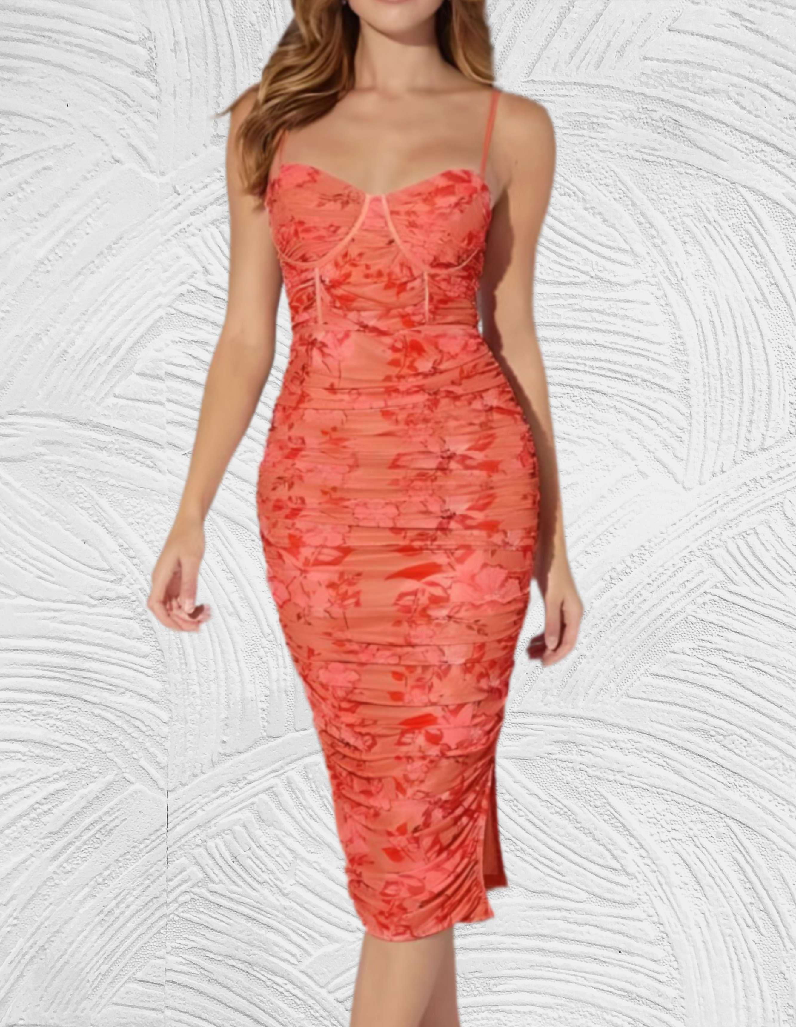 Oranje lange bodycon jurk zonder mouwen met mini zijsplit met print design